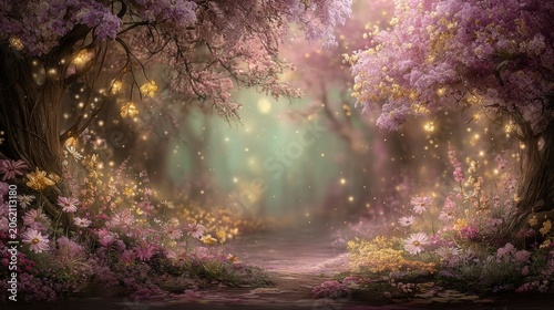 Fantasy wallpaper. A vivid, fantastical depiction of a serene forest scene. The main subject is a dense canopy of blossoming cherry trees, their branches laden with delicate pink and white flowers.