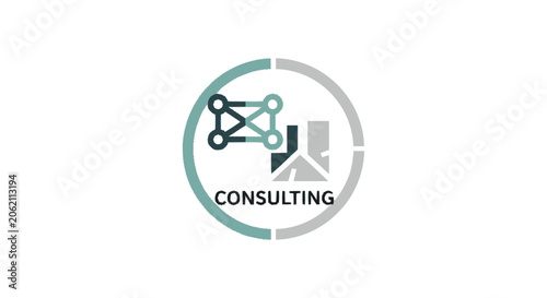 Business consulting logo icon with network and building graphics inside a circular frame.