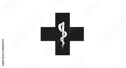 Cuadro en lienzo Black and White Medical Cross with Snake-Entwined Staff Vector Illustration