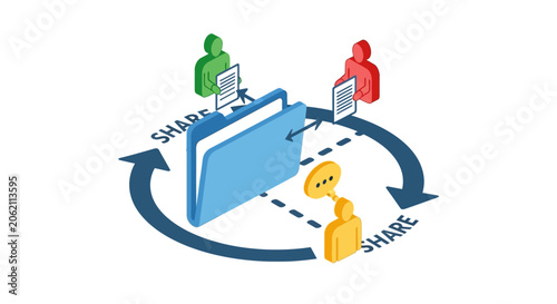 Canvas Print Isometric collaboration diagram with people sharing files in folder