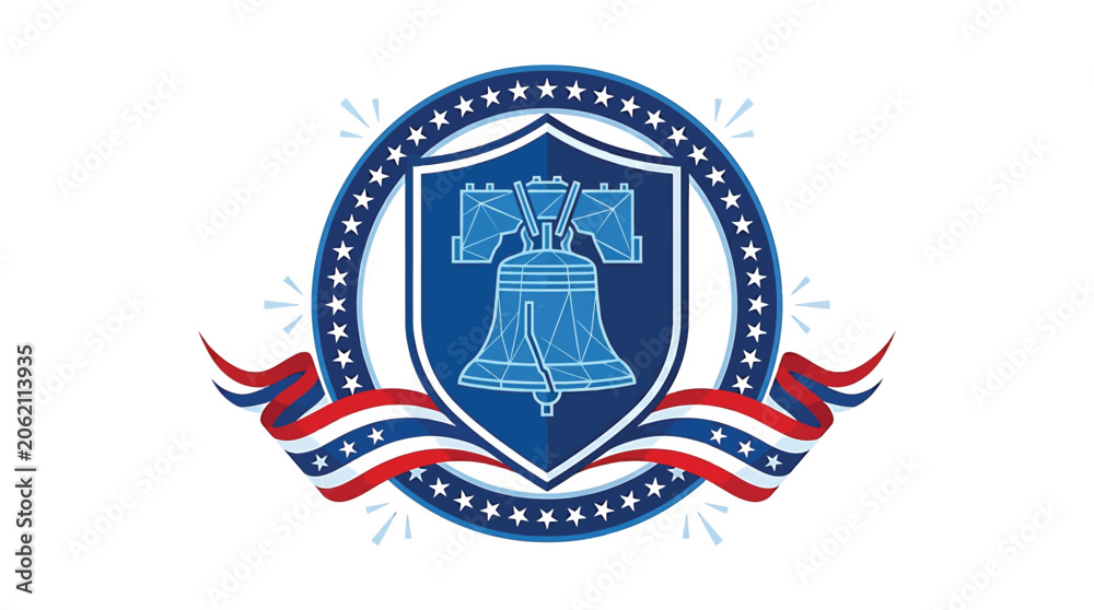 Fototapeta premium Liberty bell emblem with shield, stars, and patriotic ribbon banner, vector illustration representing american independence and freedom