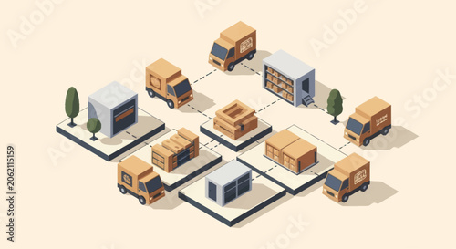 Foto Isometric network of delivery trucks and warehouses connected by lines
