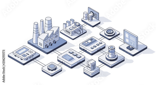 Isometric network of industrial factory buildings and technology components.