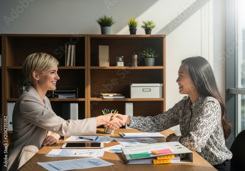 Two businesswomen shaking hands over a desk with documents and plants in a modern office setting