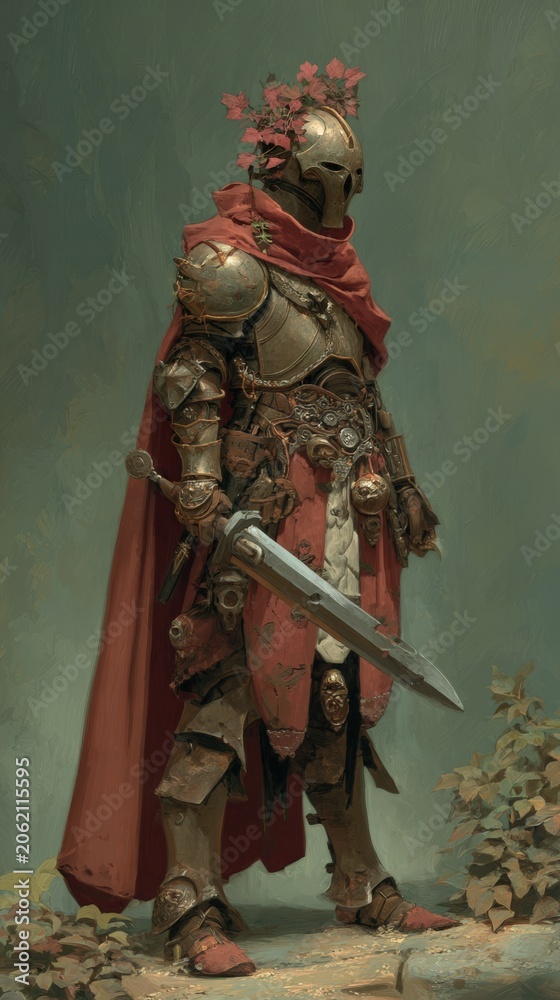 Fototapeta premium Fantasy, mysterious, wallpaper. A detailed digital painting depicts a medieval knight in full armor, standing in a forest. The knight wears a helmet adorned with a wreath of red leaves.
