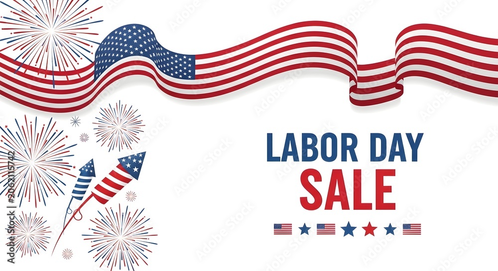 Fototapeta premium Labor day sale banner with waving american flag and fireworks isolated on white background