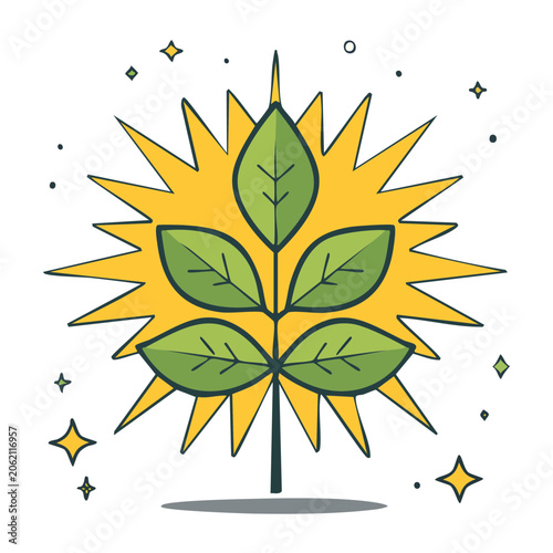 Green Leaf with Sunburst Design Illustration