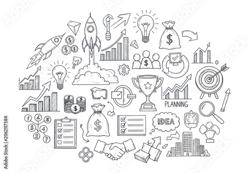 Hand-drawn business and startup icons in a circular arrangement, illustrating various aspects of entrepreneurship and success.