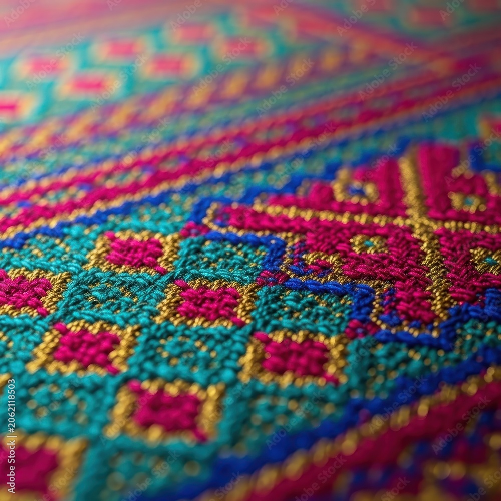 Fototapeta premium Close up texture of handmade woven fabric displaying brilliant colors and intricate geometric patterns often seen in cultural decorations, historic, fiber, abstract