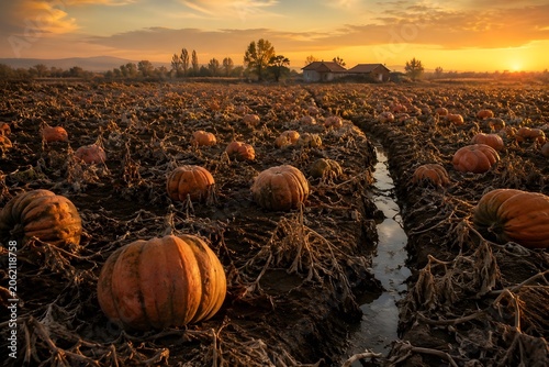 Pumpkin field during golden hour sunset.