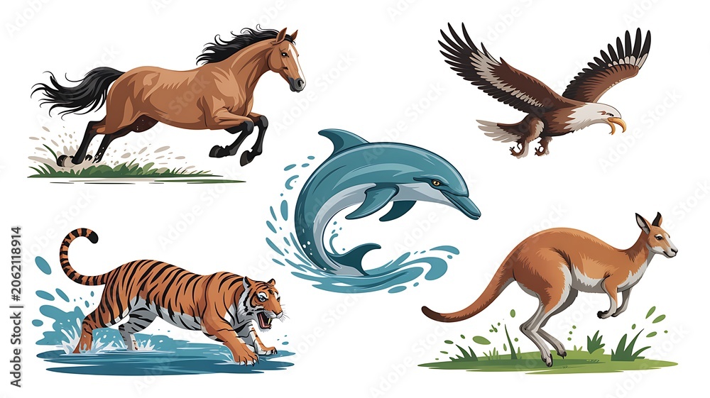 Fototapeta premium Collection of wild animals including a running brown horse, a flying bald eagle, a jumping dolphin, and a tiger
