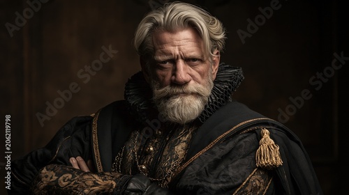 Europe medieval lifestyle. A portrait of an elderly man with a full, wellgroomed white beard and platinum blonde hair. He wears a dark, ornate robe with gold embroidery and a ruffled collar.