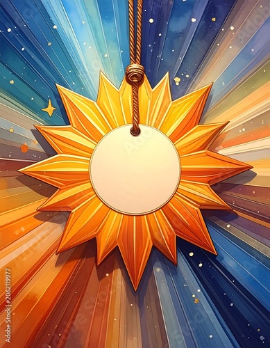 A vibrant sunburst design with a central blank pendant on a string