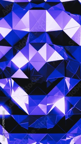 Abstract blue geometric low-poly background with shiny metallic triangles and moving facets, futuristic crystal 3D animation for modern tech design.