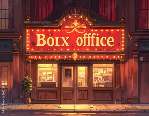 A vintage-style movie theater box office at dusk