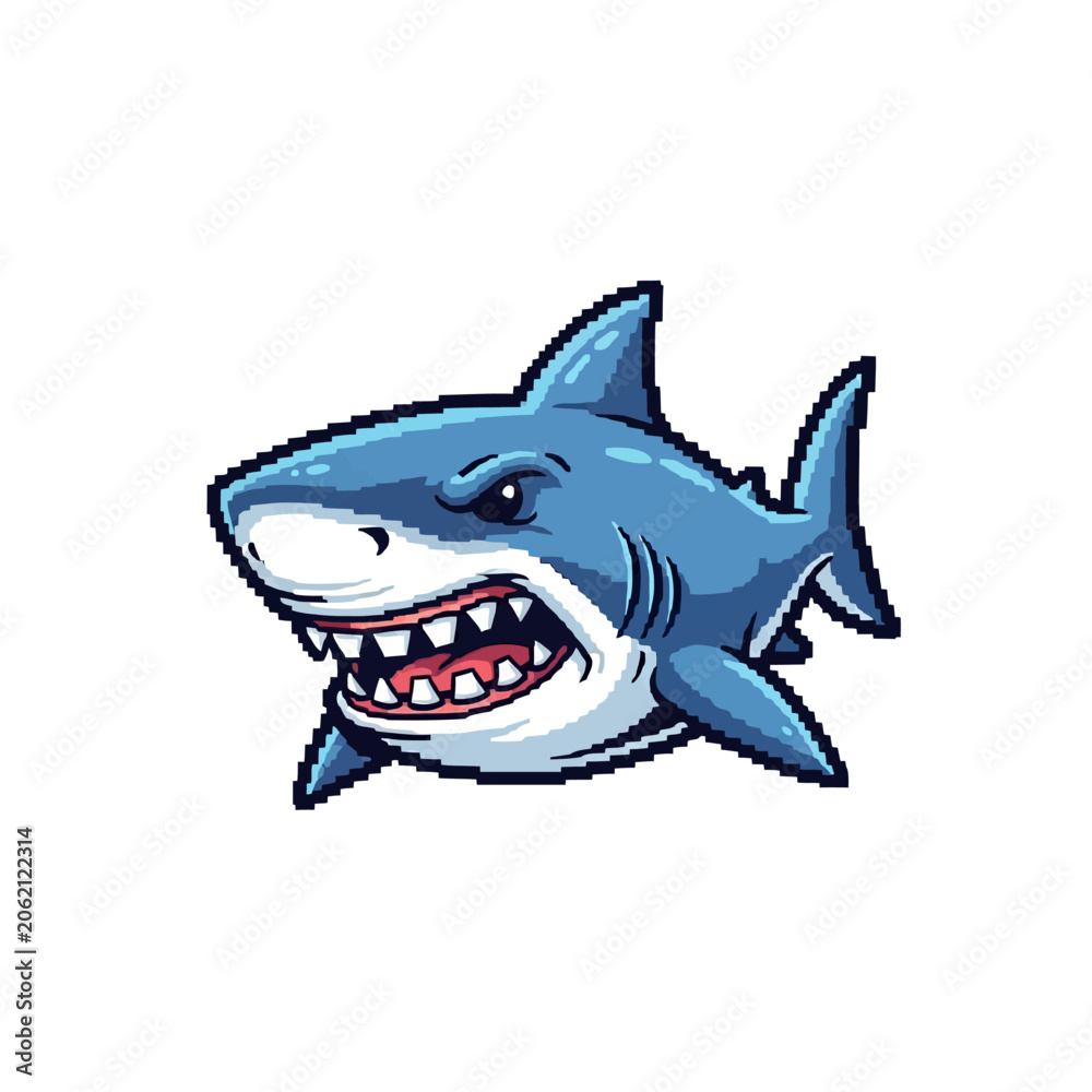 Fototapeta premium Aggressive Great White Shark Illustration Featuring Sharp Teeth and Dynamic Blue Skin Tones for Marine Predator Design Projects