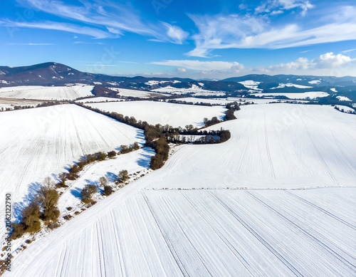 Aerial view of snow-covered fields and trees under a blue sky with wispy clouds