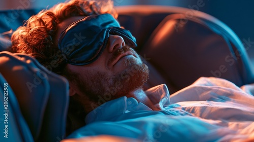 Relaxing man in sleep mask enjoying indoor massage chair