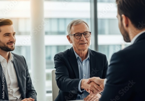 Three businessmen in a professional office setting, two of them shaking hands while the third smiles