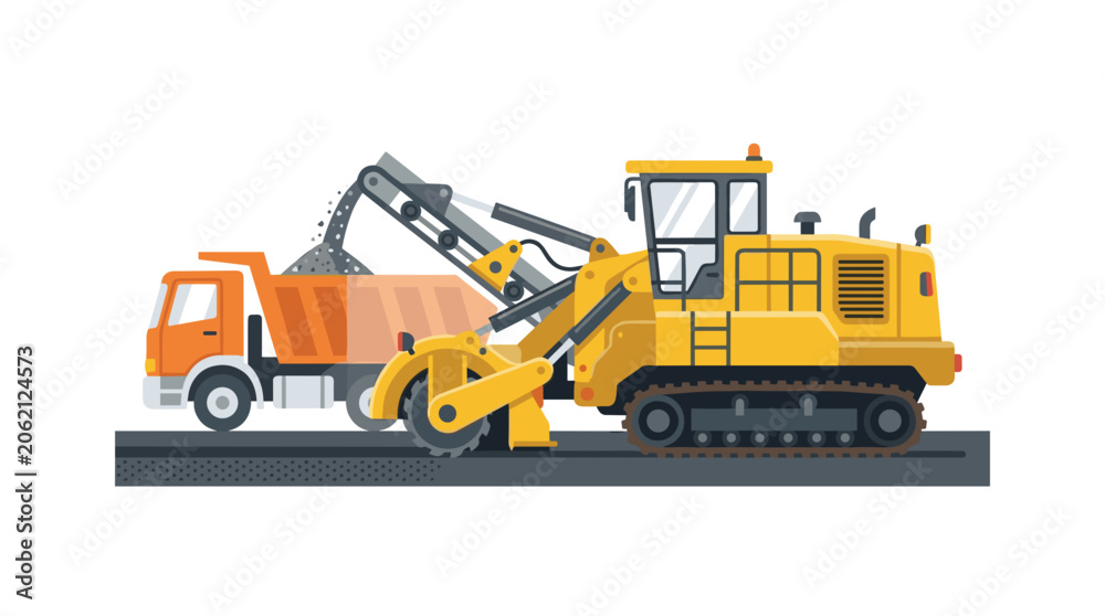 Obraz premium Yellow road milling machine loading asphalt into a dump truck.