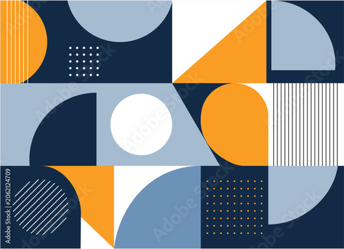 Quadro su tela Fundo abstrato geométrico moderno com formas minimalistas, ilustração vetorial em azul, laranja e branco
