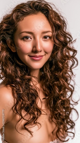 A young Asian woman with curly hair on a white studio background creates a clean, modern beauty and hair care visual ideal for posters, banners, and cosmetic branding.