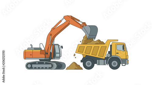 Excavator Loading Dirt into Dump Truck Construction Scene.