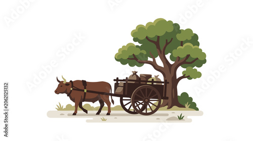 Ox pulling a wooden cart loaded with goods under a large tree.
