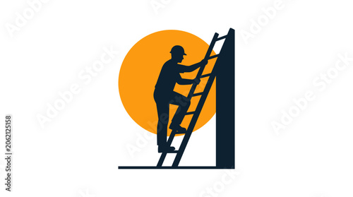 Silhouette of a construction worker climbing a ladder towards the sun.