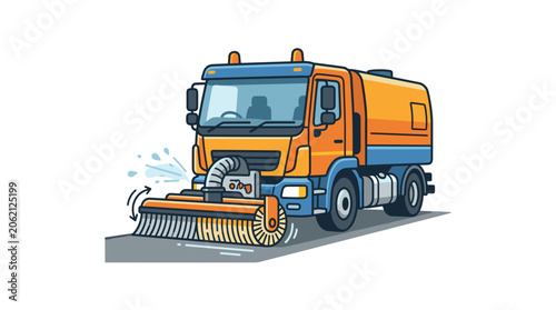 Street Sweeper Truck Cleaning Road Surface With Water Spray.