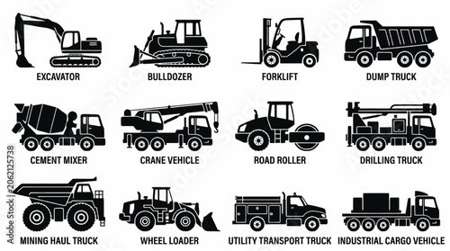 Fotografie Collection of construction and industrial vehicles, including excavators, bulldozers, and trucks