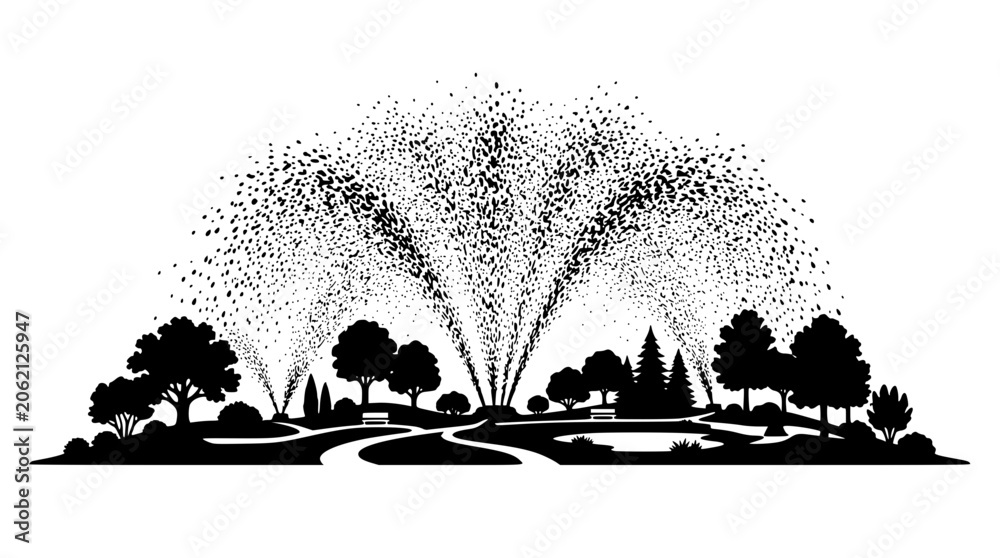 Obraz premium Black and White Silhouette of a Public Park with a Large Fountain