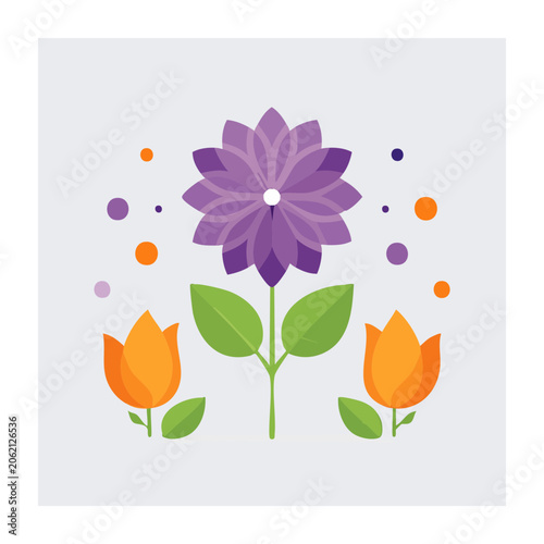 Flat design illustration of purple flower with orange butterflies