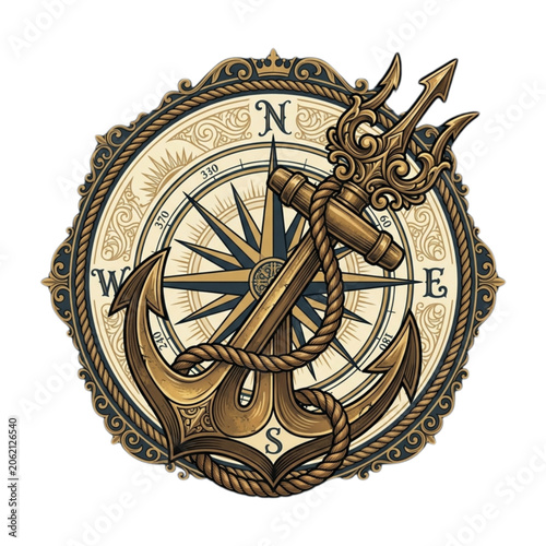 Seafarer’s Maritime Vintage Emblem with Anchor and Compass Rose