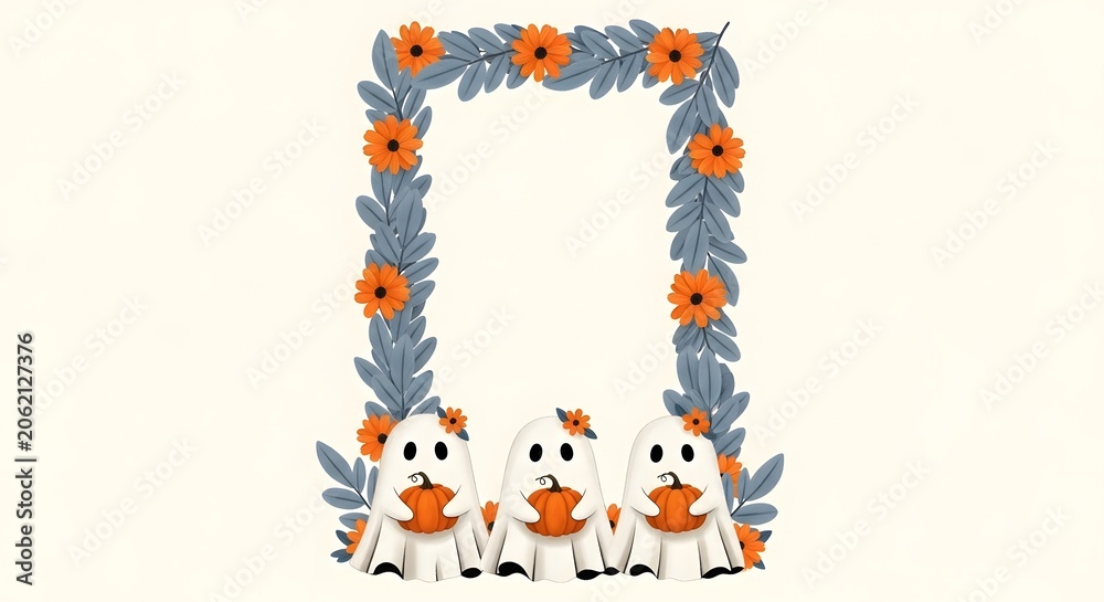 Fototapeta premium Cute ghosts holding pumpkins with floral frame