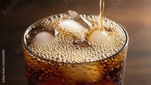 Dark soda being poured into a glass filled with ice cubes
