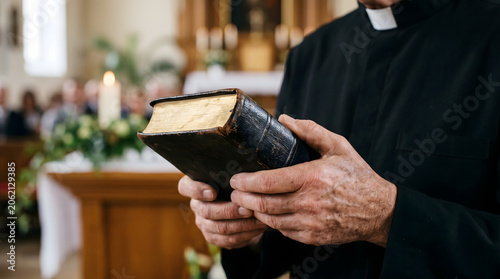 A Catholic priest holding an old holy Bible with gold edges during a religious service inside a traditional church with blurred altar.