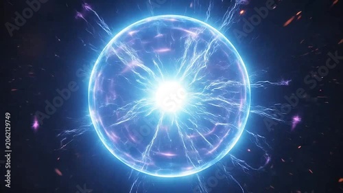 Glowing blue energy sphere with electric lightning bolts in dark space