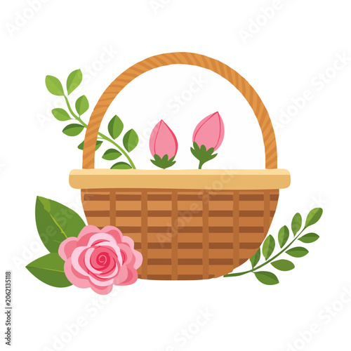 Woven basket with pink flowers and green leaves illustration
