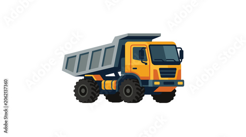 Yellow dump truck vehicle for construction and mining industries.