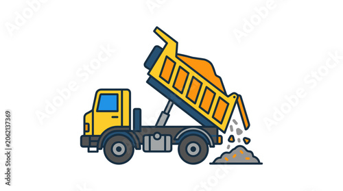 Yellow dump truck unloading sand and gravel on a construction site.