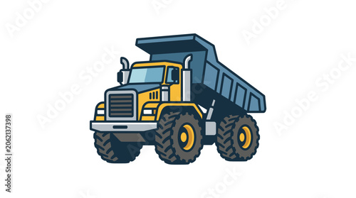 Yellow dump truck with large tires and raised bed.
