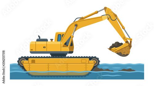 Yellow excavator machine working in water with bucket full of dirt.