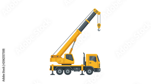 Yellow mobile crane vehicle with extended boom and hook.