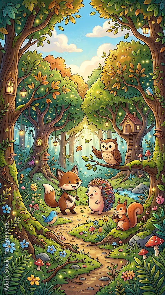 Fototapeta premium Cute woodland animals gathering in a whimsical magical forest glade