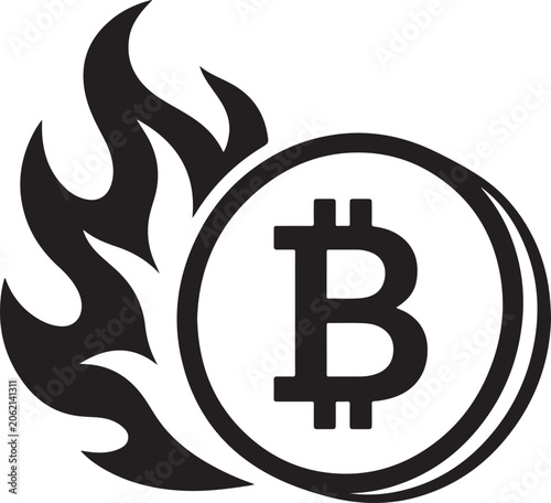 Bitcoin, cryptocurrency, flame, fire icon, black, vector symbol, crypto currency, blockchain
