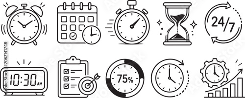 Time management icons, productivity symbols, business vector graphics, 10 icons set
