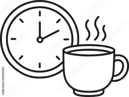 Coffee cup, clock, morning routine, office supplies, black line art icons