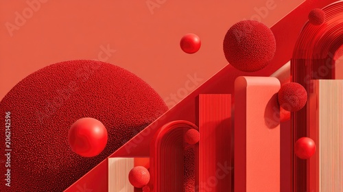 Abstract composition featuring textured spheres and geometric architectural forms in various shades of red