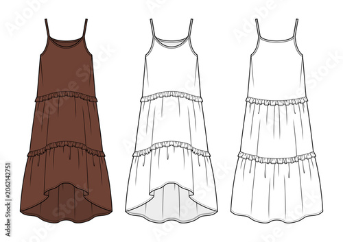 Tiered High-Low Maxi Dress Technical Fashion Illustration. Sleeveless Scoop-Neck Dress with Ruffle Trim Vector Template. Front and Back View. Women’s Apparel. CAD Mockup Set.